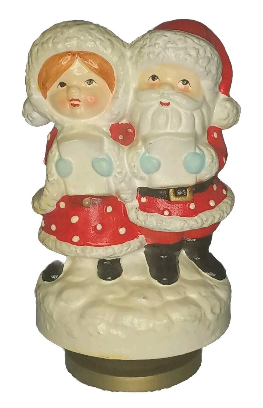 Vintage Santa Musical Wind Up Figurine Box with Charolier Santa & Mrs Claus